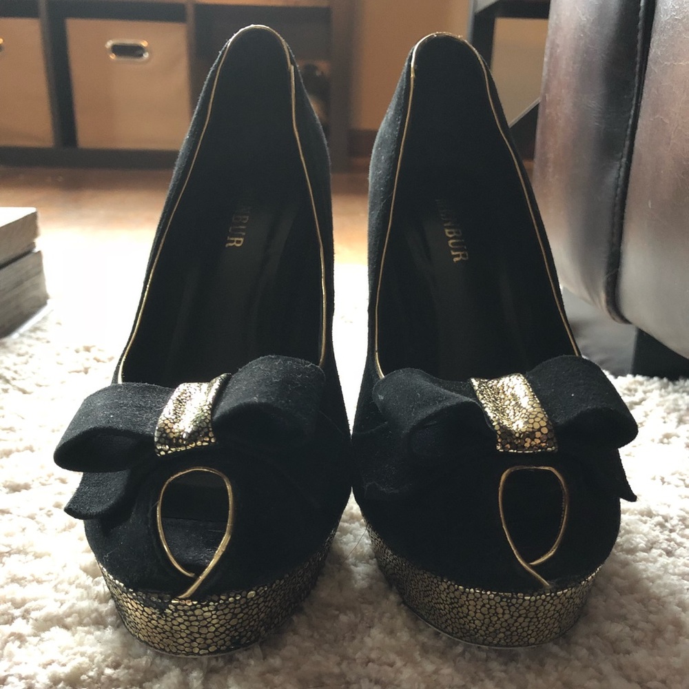MENBUR Suede Black Bow Peep Toe Platform Shoes